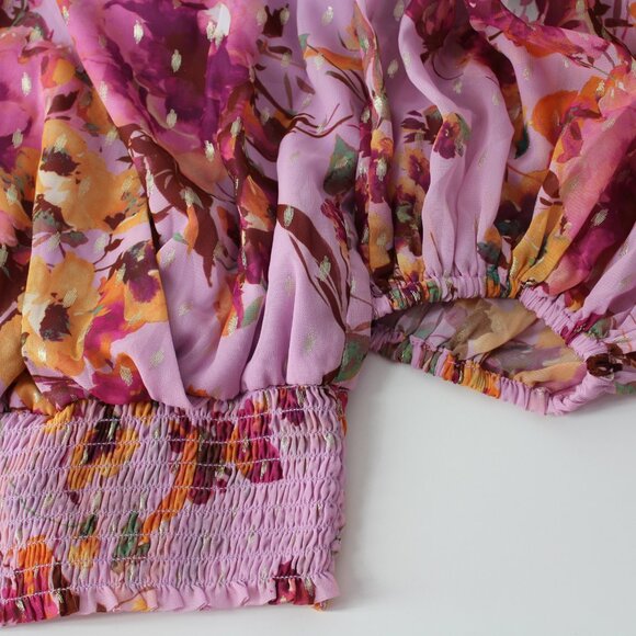 MSK Petite PM Smocked Sheer Lined Floral Balloon Sleeve Surplice top blouse New - Picture 5 of 12